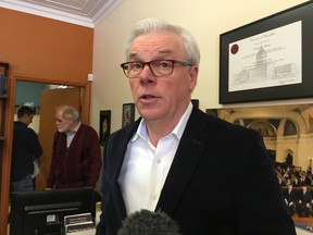 NDP MLA Greg Selinger (St. Boniface) discusses his resignation announcement with reporters Tuesday, Feb. 20, 2018.
Tom Brodbeck/Winnipeg Sun