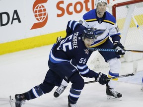 Winnipeg Jets' Mark Scheifele (55) and St. Louis Blues' Jay Bouwmeester (19) battle for position during first period on Friday.