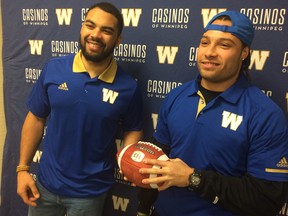 Newly signed Winnipeg Blue Bombers Nic Demski (left) and Kienan LaFrance pose together on Wednesday at Investors Group Field in Winnipeg. Paul Friesen/ Postmedia