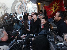 Southern Chiefs Organization Grand Chief Jerry Daniels, Assembly of Manitoba Chiefs Grand Chief Arlen Dumas and Manitoba Keewatinowi Okimakanak Grand Chief Sheila North Wilson address the media after Raymond Cormier was found not guilty in the murder of 15-year-old Tina Fointaine on Thursday in Winnipeg. Scott Billeck/Postmedia