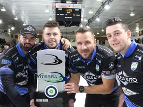 (Left to right) skip Reid Carruthers, third Braeden Moskowy, second Derek Samagalski and lead Colin Hodgson celebrate after winning the final of the Manitoba men's curling championship in Winkler on Sunday.