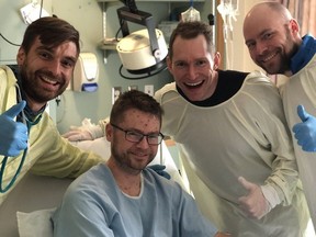 (Left to right) Matt Wozniak, Mike McEwen, Denni and B.J. Neufeld gather in McEwen's room at the Winkler Hospital in a picture posted to Twitter by Wozniak on Sunday, Feb. 4, 2018. McEwen was sidelined with chicken pox during the 2018 Manitoba men's curling championship in Winkler.