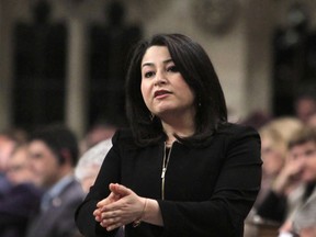 Minister of the Status of Women Maryam Monsef stands during Question Period in the House of Commons in Ottawa, Thursday, April 6, 2017. THE CANADIAN PRESS/Fred Chartrand