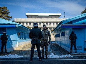 PANMUNJOM, SOUTH KOREA - FEBRUARY 07: South Korean soldiers stand guard in the Demilitarized Zone between South and North Korea on February 7, 2018 in Panmunjom, South Korea.