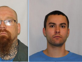 Dale Jacob Gilchrist (left) and William Benjamin Hunter-Garrioch (right) escaped Stony Mountain Institution on Saturday. Arrest warrants have been issued for both men. Handout
