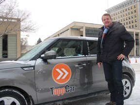 TappCar spokesperson Pascal Ryffel poses prior to a media conference on Tuesday, Feb. 20, 2018, just across from Winnipeg City Hall. Ryffel said his company is ready to offer ride-hailing service in the city and has no problem with the insurance model they'll need to follow to do so.
JOYANNE PURSAGA/Winnipeg Sun