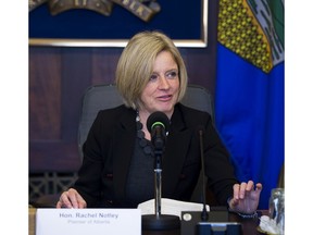 Alberta Premier Rachel Notley speaks at the first meeting of the Market Access Task Force, convened to respond to B.C. in the fight over the Trans Mountain pipeline in Edmonton, Feb. 14, 2018. (Greg Southam/Postmedia Network)