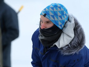 A frosty skip calls a shot during the 17th annual Ironman Outdoor Curling Bonspiel on the Red River at The Forks in Winnipeg on Sun., Feb. 4, 2018. Kevin King/Winnipeg Sun/Postmedia Network