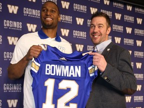 CFL Winnipeg Blue Bombers Kyle Walters and Adarius Bowman (left).  The Bombers have agreed to terms with Bowman.      Friday, February 09, 2018.   Sun/Postmedia Network