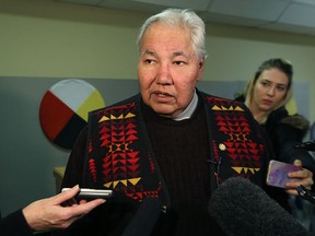 Sen. Murray Sinclair addresses media following the official launch of the Healing Forest Winnipeg at St. John's Anglican Cathedral Hall on Mon., Feb. 12, 2018. Kevin King/Winnipeg Sun/Postmedia Network