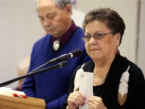Elder Thelma Meade, with husband and elder Norman at her side, speaks during the official launch of the Healing Forest Winnipeg at St. John's Anglican Cathedral Hall on Monday.