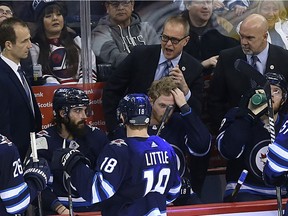 Winnipeg Jets head coach Paul Maurice works the bench during a timeout late in the third period against the Washington Capitals in Winnipeg on Tues., Feb. 13, 2018. Kevin King/Winnipeg Sun/Postmedia Network