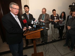 Growth, Enterprise and Trade Minister Blaine Pedersen talks to media about retail marijuana sales on Friday,