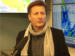 Manitoba Infrastructure Minister Ron Schuler speaks to the media at a press conference on Friday to announce that the threat of widespread major spring flooding is low in most areas of the province.