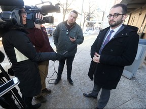 Corey Shefman, legal counsel for Errol Greene's wife, talked to media in Winnipeg, at the half way point in the inquest into Errol Greene's death.  Greene died in custody after being refused medication for his epilepsy.  Tuesday, February 27, 2018.   Sun/Postmedia Network