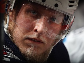 NEWARK, NJ - MARCH 08: Patrik Laine #29 of the Winnipeg Jets watches first period action against the New Jersey Devils at the Prudential Center on March 8, 2018 in Newark, New Jersey.  (Photo by Bruce Bennett/Getty Images) ORG XMIT: POS2018032215353025