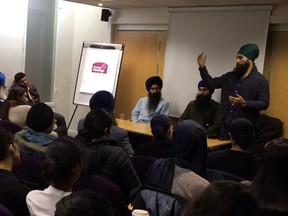 In this screenshot, NDP leader Jagmeet Singh speaks at an event for U.K.’s National Sikh Youth Federation.