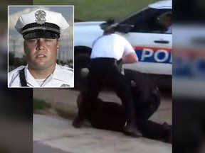 Columbus Police officer Zachary Rosen appears over top of a cellphone video screenshot.