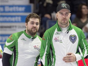 Matt Dunstone, left, is throwing fourth stones on a Saskatchewan team that is being skipped by Steve Laycock, right, at the Brier.