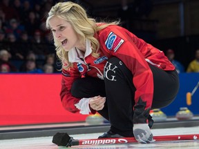 Canada skip Jennifer Jones calls for the sweep as they face Korea at the World Women's Curling Championship on March 21, 2018