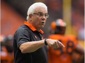 B.C. Lions head coach Wally Buono gestures on the sideline during the second half of a CFL football game against the Saskatchewan Roughriders in Vancouver, B.C., on Saturday August 5, 2017.