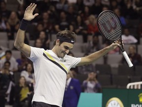 Roger Federer salutes the crowd during an exhibition match against Jack Sock in San Jose on March 5.