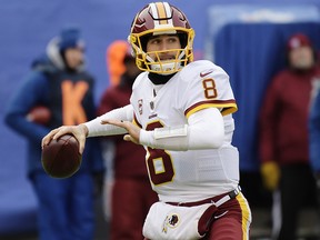 In this Dec. 31, 2017, file photo, Washington Redskins quarterback Kirk Cousins (8) throws a pass against the New York Giants, in East Rutherford, N.J. (AP Photo/Bill Kostroun, File)