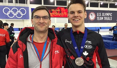 Winnipeg speed skater Tyson Langelaar (right) with Canadian team coach Crispin Parkinson at the 2018 ISU World Junior Long Track Championships in Salt Lake City on Saturday, March 11, 2018. Langelaar won a silver medal as he finished second in the men's final overall standings.