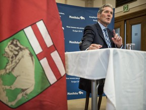 Manitoba Premier Brian Pallister speaks about the 2018 budget at the Manitoba Legislature in Winnipeg on Monday March 12, 2018. THE CANADIAN PRESS/David Lipnowski ORG XMIT: DXL107