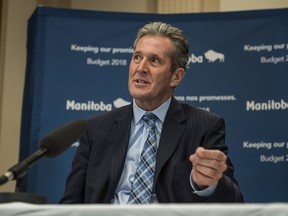 Manitoba Premier Brian Pallister speaks about the 2018 budget at the Manitoba Legislature in Winnipeg on Monday March 12, 2018. THE CANADIAN PRESS/David Lipnowski ORG XMIT: DXL110