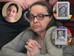 In this image from video, Yoselyn Ortega, a trusted nanny to a well-to-do family, listens to court proceedings during the first day of her trial,in New York, Thursday, March 1, 2018. In October 2012 Ortega took two young children, Lucia and Leo Krim (inset, right) in her care into a bathroom at their Manhattan apartment, slaughtered them with a knife and then slit her own throat. Their mother Marina Krim (inset, left) was the firt witness to testify at Ortega's trial. (WYNY-TV/Pool Photo via AP/AP Photo/Mary Altaffer, File/Lulu & Leo Fund via AP)