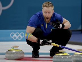 Sweden's skip Niklas Edin reacts during the men's final curling match against United States at the 2018 Winter Olympics in Gangneung, South Korea, Saturday, Feb. 24, 2018. (AP Photo/Natacha Pisarenko) ORG XMIT: OLYCU554
