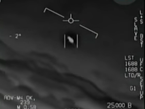 A screen grab from the released video of U.S. Navy F-18 fighters seemingly encountering UFOs.