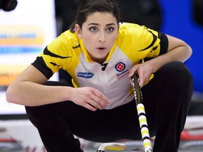 Manitoba third Shannon Birchard calls the sweep while taking on B.C. at the Scotties Tournament of Hearts in Penticton, B.C., on Feb. 1, 2018.