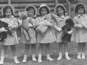 The Dionne Quintuplets in 1939. From left, Emilie Dionne, Annette Dionne, Cecile Dionne, Marie Dionne and Yvonne Dionne.
