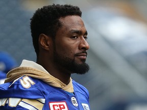 Injured defensive end Jamaal Westerman on the sideline during the Winnipeg Blue Bombers walkthrough at Investors Group Field in Winnipeg on Thurs., Sept. 22, 2017. The Bombers face the Ottawa Renegades on Friday. Kevin King/Winnipeg Sun/Postmedia Network
