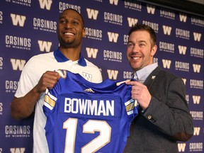 CFL Winnipeg Blue Bombers Kyle Walters and Adarius Bowman (left).  The Bombers have agreed to terms with Bowman.      Friday, February 09, 2018.   Sun/Postmedia Network