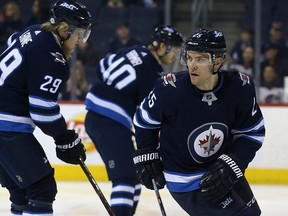 Winnipeg Jets centre Paul Stastny skates during warmup before his first game with the team, against the Nashville Predators in Winnipeg on Tues., Feb. 27, 2018. Kevin King/Winnipeg Sun/Postmedia Network