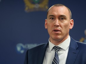 Sgt. Shaun Veldman of the commercial crime unit speaks during a press conference at Winnipeg Police Service headquarters on Smith Street in Winnipeg on Thurs., March 1, 2018. Kevin King/Winnipeg Sun/Postmedia Network