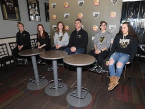 University of Manitoba Bisons are heading to the university championship next week, the school hosted a media conference YESTERDAY. From the left; Venla Hovi, Caitlin Fyten, Rachel Dyck, coach Jon Rempel, Alana Serhan, and Kelsey Wog. (Chris Procaylo/Winnipeg Sun)