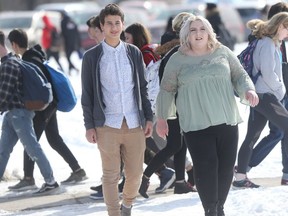 Sam Kimelman and Izzie Helenchilde (left) are student activists, they have arranged a walk out at Grant Park High School, in Winnipeg.  Tuesday, March 13, 2018.   Sun/Postmedia Network