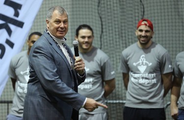 CFL commissioner Randy Ambrosie addresses students from Greenway and Victory schools during a Jumpstart event at the RBC Convention Centre that is part of CFL Week in Winnipeg on Thurs., March 22, 2018. Over 150 kids were able to participate in drills with current CFL stars. Kevin King/Winnipeg Sun/Postmedia Network