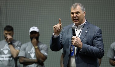 CFL commissioner Randy Ambrosie addresses students from Greenway and Victory schools during a Jumpstart event at the RBC Convention Centre that is part of CFL Week in Winnipeg on Thurs., March 22, 2018. Over 150 kids were able to participate in drills with current CFL stars. Kevin King/Winnipeg Sun/Postmedia Network