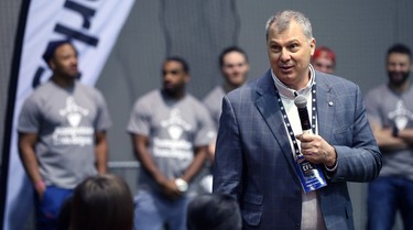 CFL commissioner Randy Ambrosie addresses students from Greenway and Victory schools during a Jumpstart event at the RBC Convention Centre that is part of CFL Week in Winnipeg on Thurs., March 22, 2018. Over 150 kids were able to participate in drills with current CFL stars. Kevin King/Winnipeg Sun/Postmedia Network