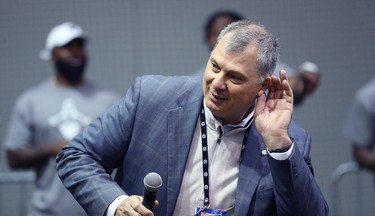 CFL commissioner Randy Ambrosie addresses students from Greenway and Victory schools during a Jumpstart event at the RBC Convention Centre that is part of CFL Week in Winnipeg on Thurs., March 22, 2018. Over 150 kids were able to participate in drills with current CFL stars. Kevin King/Winnipeg Sun/Postmedia Network