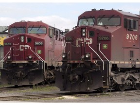 Canadian Pacific Railway locomotives sit in a rail yard in Montreal.