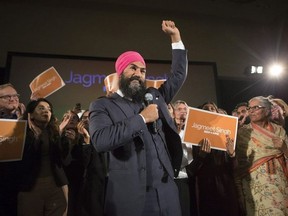 Jagmeet Singh celebrates with supporters after winning the first ballot in the NDP leadership race to be elected the leader of the federal New Democrats in Toronto on Sunday, October 1, 2017. THE CANADIAN PRESS/Chris Young