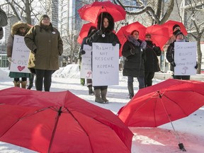 Protesters brave the cold during a demonstration in support of the international day to end violence against sex workers. The demo was held at Cabot Square in Montreal on Sunday Dec. 17, 2017.
