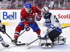 MONTREAL, QC - APRIL 03:  Brendan Gallagher #11 of the Montreal Canadiens tries to get a shot on goaltender Steve Mason #35 of the Winnipeg Jets during the NHL game at the Bell Centre on April 3, 2018 in Montreal, Quebec, Canada.  The Winnipeg Jets defeated the Montreal Canadiens 5-4 in overtime.  (Photo by Minas Panagiotakis/Getty Images)