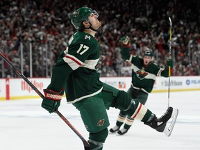 ST PAUL, MN - APRIL 15: Marcus Foligno #17 of the Minnesota Wild celebrates scoring a goal against the Winnipeg Jets during the second period in Game Three of the Western Conference First Round during the 2018 NHL Stanley Cup Playoffs at Xcel Energy Center on April 15, 2018 in St Paul, Minnesota. GETTY IMAGES